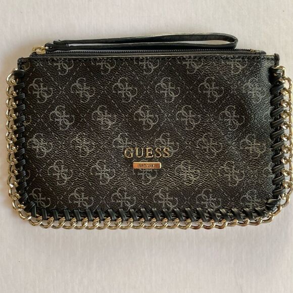 GUESS Women’s Black Monogrammed PVC Wristlet Clutch Bag - Picture 1 of 8